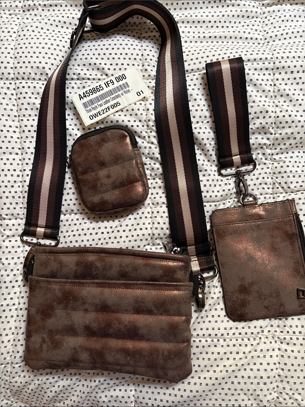 THINK ROYLN Metallic Brown Multi-Pouch Crossbody Set with Striped Strap